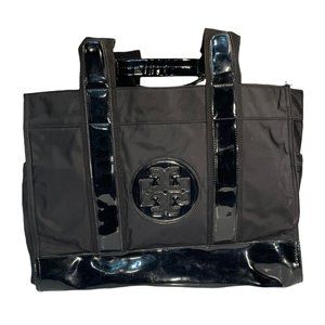 Tory Burch Large Ella Black Patent Leather and Canvas Iconic Logo Tote